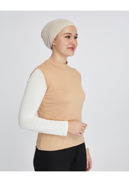 Manolyaşal Kolsuz Balıkçı Yakalı Organik Kadın Body - Koyu Bej