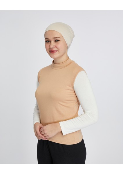 Manolyaşal Kolsuz Balıkçı Yakalı Organik Kadın Body - Koyu Bej