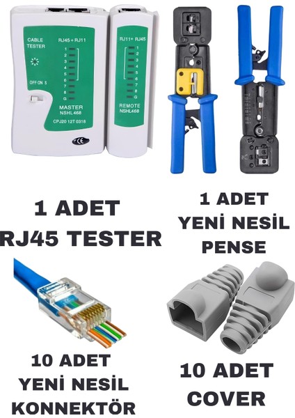 Yeni Nesil Ez RJ45 Sıkma Pensesi RJ11 RJ12 RJ45 Network Ağ Pense + Kablo Tester + 10 Adet Yeni Nesil Ez RJ45 Jack Konnektör + 10 Adet Cover Kılıf Set Paket