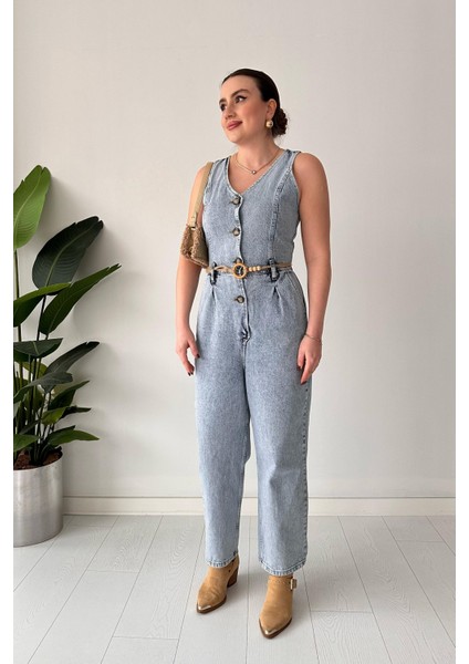 Kolsuz Kemerli Denim Tulum Mavi