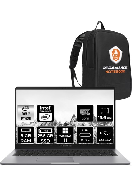 Expertbook P1 Intel Core I7 13620H 8gb 256GB SSD 15.6" Fhd Windows 11 Pro Taşınabilir Bilgisayar & Per4 Çanta P1503I716512G0DP381