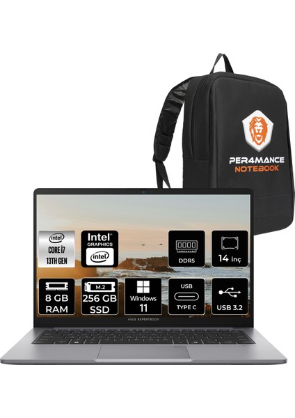 Expertbook P1 Intel Core I7 13620H 8gb 256GB SSD 14" Fhd W11H Taşınabilir Bilgisayar & Per4 Çanta P1403I716512G0DP341