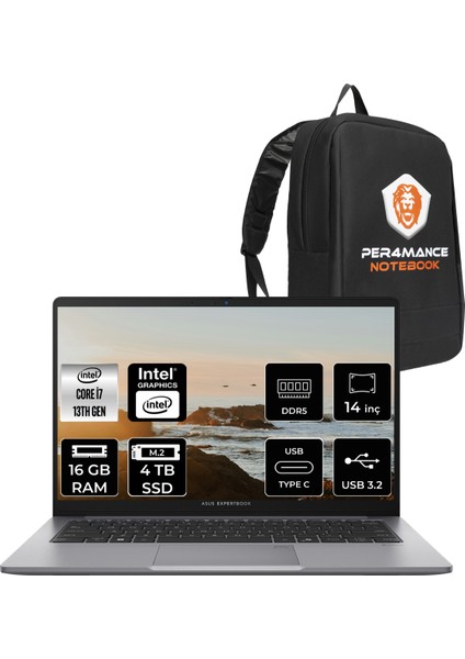 Expertbook P1 Intel Core I7 13620H 16GB 4tb SSD 14" Fhd Fdos Taşınabilir Bilgisayar & Per4 Çanta P1403I716512G0DP310