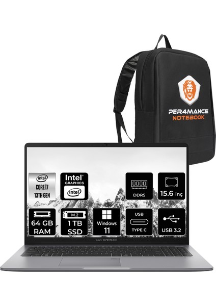 Expertbook P1 Intel Core I7 13620H 64GB 1tb SSD 15.6" Fhd Windows 11 Home Taşınabilir Bilgisayar & Per4 Çanta P1503I716512G0DP373