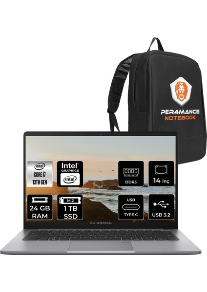 Expertbook P1 Intel Core I7 13620H 24GB 1tb SSD 14" Fhd Fdos Taşınabilir Bilgisayar & Per4 Çanta P1403I716512G0DP313
