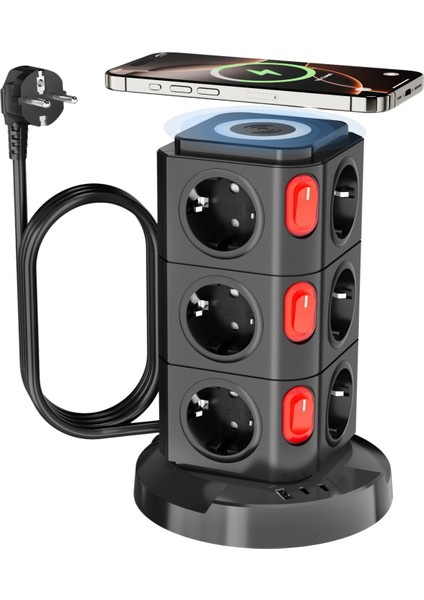 Akım Korumalı Priz Kablosuz Şarj Istasyonu 12X Priz / 1x USB / 2x Type-C Girişli 1.8mt Kablo