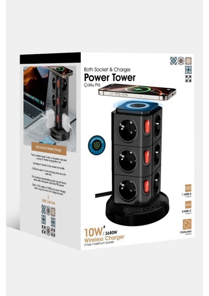 Akım Korumalı Priz Kablosuz Şarj Istasyonu 12X Priz / 1x USB / 2x Type-C Girişli 1.8mt Kablo