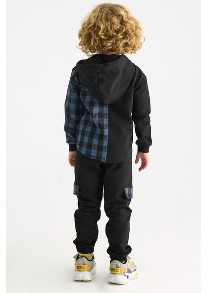 Kapüşonlu Uzun Kol Ekoselı Ceplı Indigo Renk Erkek Çocuk Esofman Takım indirimleri
