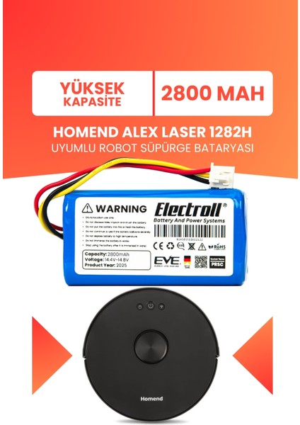 Homend Alex Laser 1282h Robot Süpürge Bataryası (YÜKSEK KAPASİTE) 2800mah Robot Süpürge Pil