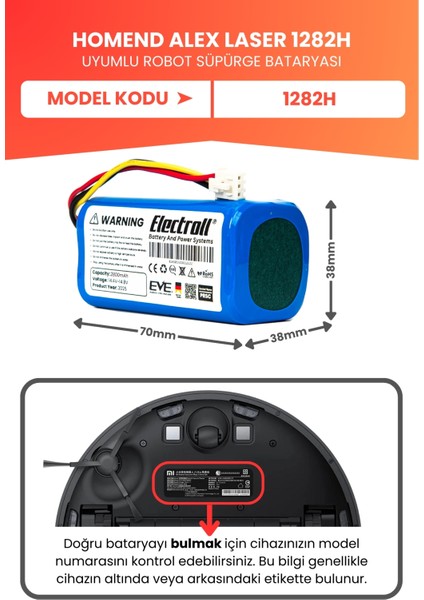 Homend Alex Laser 1282h Robot Süpürge Bataryası (YÜKSEK KAPASİTE) 2800mah Robot Süpürge Pil