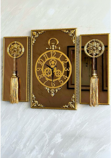Casablanca 3 Lü Gold Aynalı Çerçeveli Püsküllü Duvar Saati Takımı, Wall Clock Hediye Ags001 38gmb