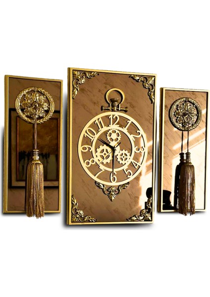 Casablanca 3 Lü Gold Aynalı Çerçeveli Püsküllü Duvar Saati Takımı, Wall Clock Hediye Ags001 38gmb