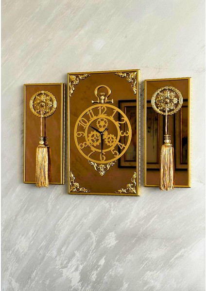 Casablanca 3 Lü Gold Aynalı Çerçeveli Püsküllü Duvar Saati Takımı, Wall Clock Hediye Ags001 38gmb