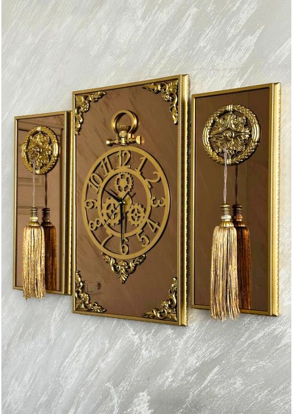 Casablanca 3 Lü Gold Aynalı Çerçeveli Püsküllü Duvar Saati Takımı, Wall Clock Hediye Ags001 38gmb