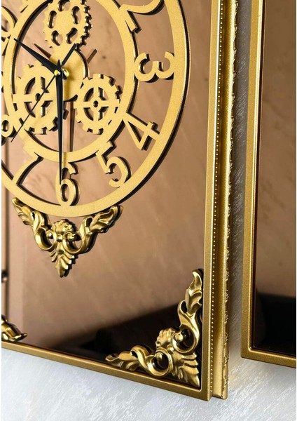 Casablanca 3 Lü Gold Aynalı Çerçeveli Püsküllü Duvar Saati Takımı, Wall Clock Hediye Ags001 38gmb
