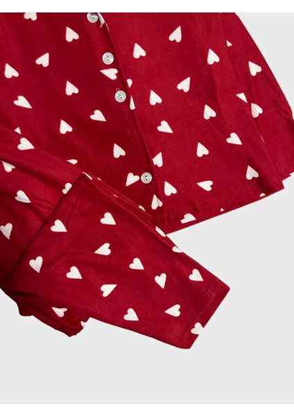 Kız Çocuk Pamuklu Süet Kırmızı Kalp Desenli Gömlek Yaka Boydan Düğmeli Uzun Kollu Pijama Takımı