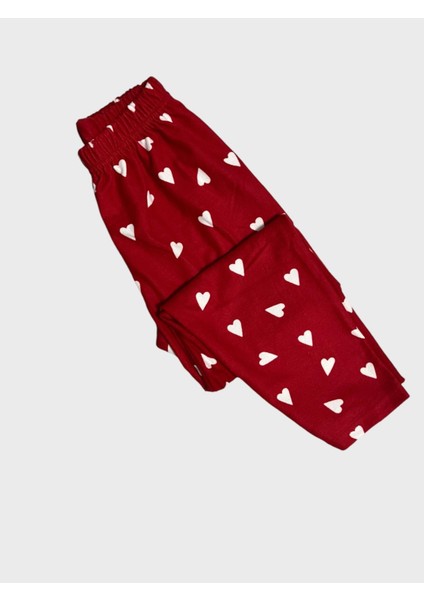Kız Çocuk Pamuklu Süet Kırmızı Kalp Desenli Gömlek Yaka Boydan Düğmeli Uzun Kollu Pijama Takımı