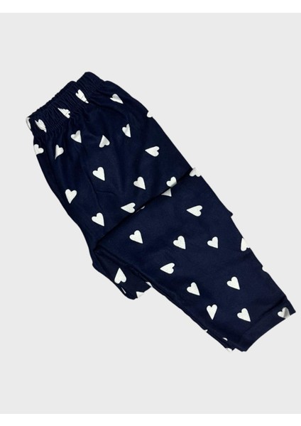 Kız Çocuk Pamuklu Süet Lacivert Kalp Desenli Gömlek Yaka Boydan Düğmeli Uzun Kollu Pijama Takımı