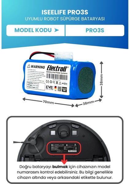 Iseelıfe Pro3s Uyumlu Batarya (ORJİNAL KAPASİTE) 2600mah Pil Robot Süpürge Bataryası fiyatları