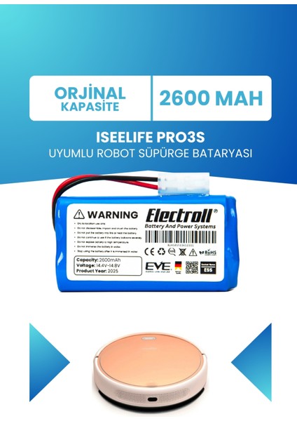 Iseelıfe Pro3s Uyumlu Batarya (ORJİNAL KAPASİTE) 2600mah Pil Robot Süpürge Bataryası