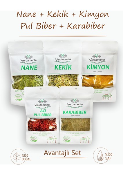Lezzetli 5'li Baharat Seti - Karabiber, Kimyon, Pul Biber, Nane ve Kekik