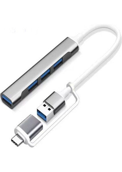 Alüminyum Metalik 4'ü 1 Arada USB + Type-C Çevirici, USB 3.0 Hızlı Klavye-Mouse Data Çoklayıcı