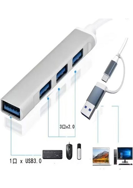 Alüminyum Metalik 4'ü 1 Arada USB + Type-C Çevirici, USB 3.0 Hızlı Klavye-Mouse Data Çoklayıcı
