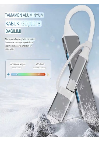 Alüminyum Metalik 4'ü 1 Arada USB + Type-C Çevirici, USB 3.0 Hızlı Klavye-Mouse Data Çoklayıcı