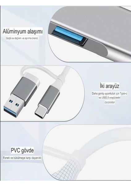 Alüminyum Metalik 4'ü 1 Arada USB + Type-C Çevirici, USB 3.0 Hızlı Klavye-Mouse Data Çoklayıcı
