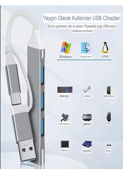Alüminyum Metalik 4'ü 1 Arada USB + Type-C Çevirici, USB 3.0 Hızlı Klavye-Mouse Data Çoklayıcı