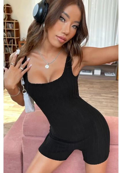 Kadın Siyah Kalın Askılı Bodycon Kaşkorse Şort Tulum indirimleri