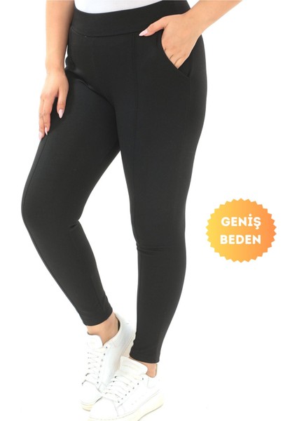Curvebüyük Beden Cepli Dikiş Detaylı Siyah Pantolon Tayt