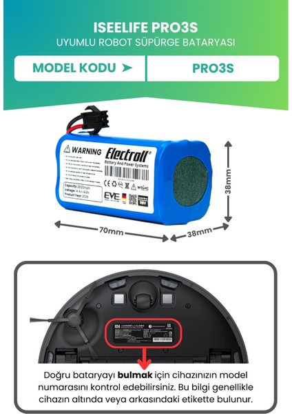 Iseelıfe Pro3s Uyumlu Batarya (YÜKSEK KAPASİTE) 3200mah Pil Robot Süpürge Batarya Değişimi fiyatları