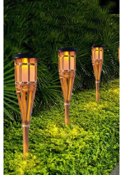Gerçek Bambu Bahçe Aydınlatma Su Geçirmez Solar Bahçe Lambası Alev Efektli 60 cm