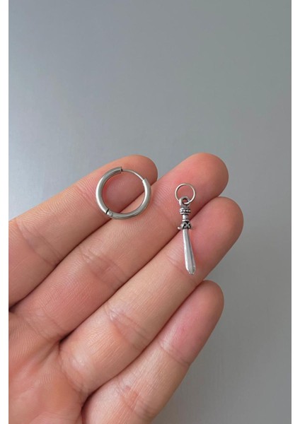 Unisex Gümüş Kılıç Figürlü Sallantılı Çelik Halka Küpe