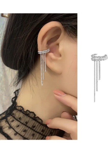 Deliksiz Sıkıştırma Zincirli Ear Cuff Manşet Küpe Gümüş Kaplama