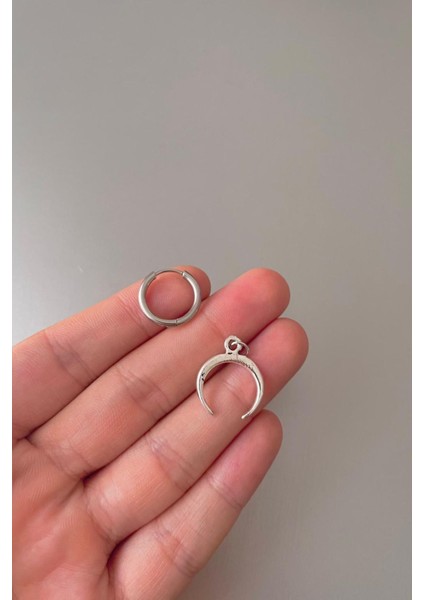Unisex Gümüş Ay Figür Sallantılı Çelik Halka Küpe modelleri
