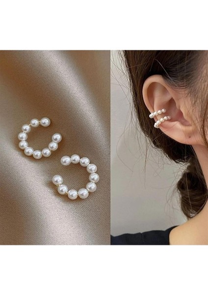2'li Kadın İncili Kıkırdak Küpe Ear Cuff Kadın Küpe Deliksiz Kıkırdak Küpe