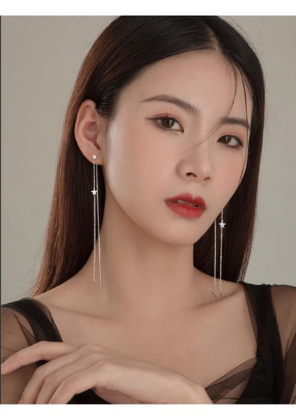 Çift Taraflı Yıldız Küpe, Yıldız Detaylı Kadın Küpe, Uzun Küpe