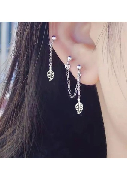 3'lü Küpe Yaprak Detaylı Kıkırdak Küpe