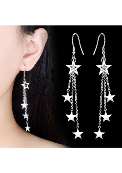 Yıldızlı Uzun Küpe Gümüş Renk Kadın Küpe