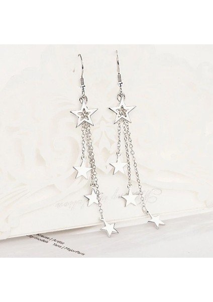 Yıldızlı Uzun Küpe Gümüş Renk Kadın Küpe modelleri