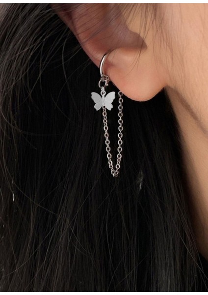 Kelebekli Deliksiz Kıkırdak Küpe, Ear Cuff Kadın Küpe
