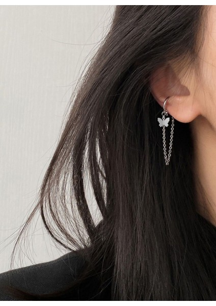 Kelebekli Deliksiz Kıkırdak Küpe, Ear Cuff Kadın Küpe