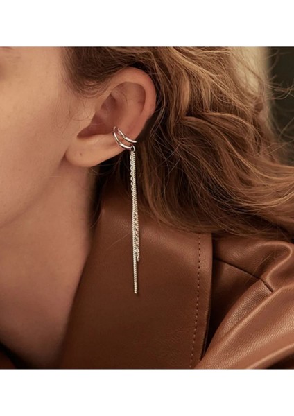 Zincirli Deliksiz Sıkıştırma Ear Cuff Manşet Küpe Gümüş Kaplama