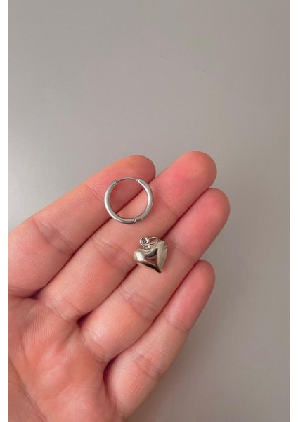 Unisex Gümüş Tombul Mibi Kalp Figürlü Çelik Halka Küpe modelleri