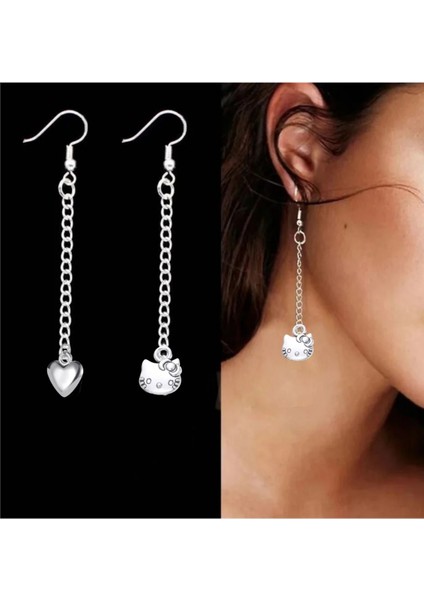 Kalp Hello Kitty Detaylı Uzun Küpe, Kadın Küpe