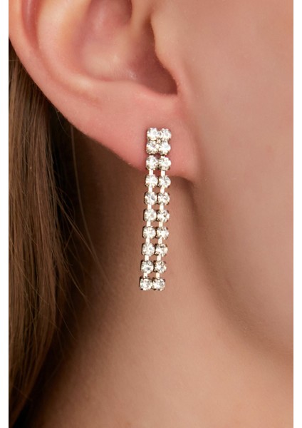 Kadın 2 Sıra Model Kristal Zirkon Taşlı Gümüş Abiye Elbise Düğün Parti Gelin Söz Kına Günlük Küpe