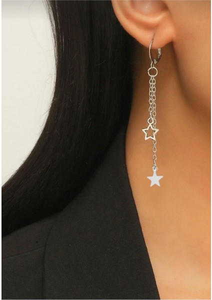 Gümüş Renk Yıldız Sallantılı Küpe