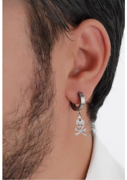 Kuru Kafa Figürlü Erkek Küpe, Çelik Küpe, Erkek Kuru Kafa Küpe